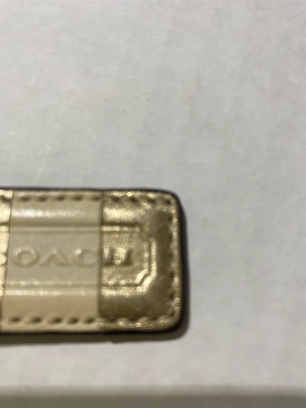 Vintage Rare y2k Coach Metallic Gold and Cream Leather Bag Tag with Gold Chain
